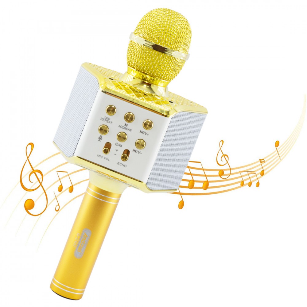 Image of Microfono Karaoke Wireless con Luci Led Q-C107 Registra Canta e Riproduce Musica Oro