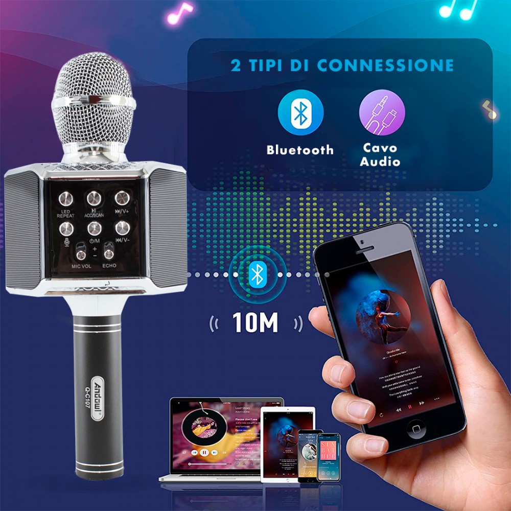 Microfono Karaoke Wireless con Luci Led Q-C107 Registra Canta e Riproduce Musica
