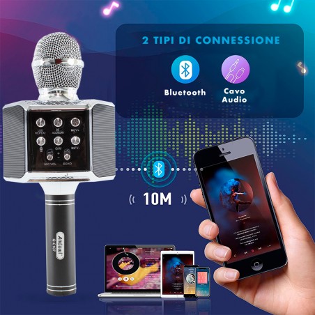 Microfono Karaoke Wireless con Luci Led Q-C107 Registra Canta e Riproduce Musica