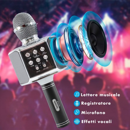 Microfono Karaoke Wireless con Luci Led Q-C107 Registra Canta e Riproduce Musica