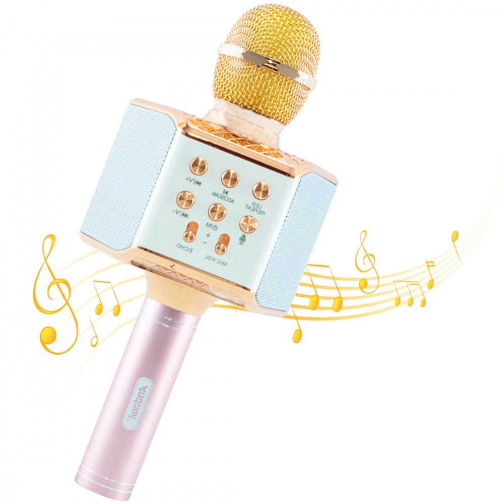 Image of Microfono Karaoke Wireless con Luci Led Q-C107 Registra Canta e Riproduce Musica Rosa