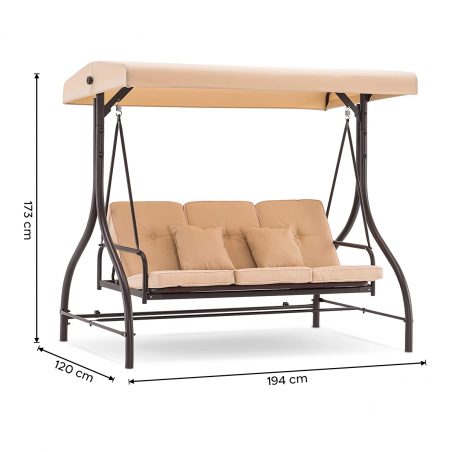 Dondolo a 3 Posti da Giardino con Schienale Reclinabile a Letto e Cuscini Beige