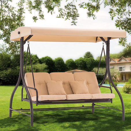 Dondolo a 3 Posti da Giardino con Schienale Reclinabile a Letto e Cuscini Beige