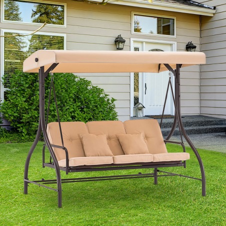 Dondolo a 3 Posti da Giardino con Schienale Reclinabile a Letto e Cuscini Beige