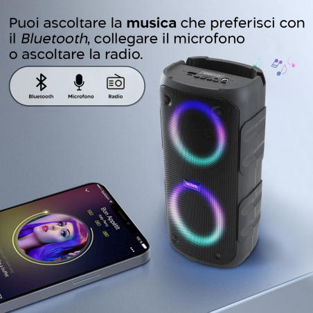 Cassa Bluetooth Altoparlante Wireless Karaoke con Luci RGB Radio FM Portatile