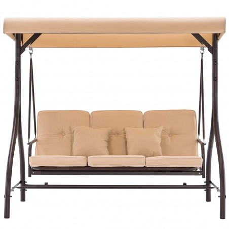 Dondolo a 3 Posti da Giardino con Schienale Reclinabile a Letto e Cuscini Beige