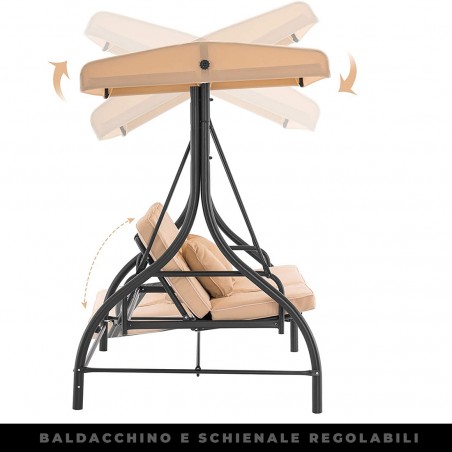 Dondolo a 3 Posti da Giardino con Schienale Reclinabile a Letto e Cuscini Beige