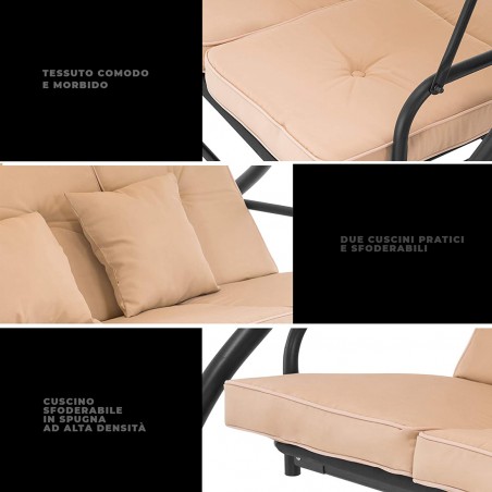 Dondolo a 3 Posti da Giardino con Schienale Reclinabile a Letto e Cuscini Beige