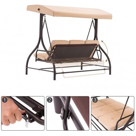 Dondolo a 3 Posti da Giardino con Schienale Reclinabile a Letto e Cuscini Beige