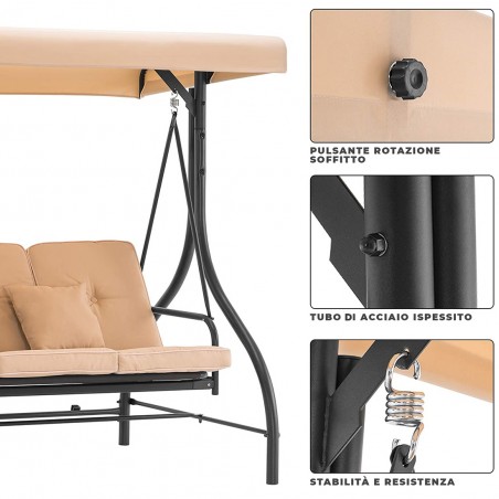 Dondolo a 3 Posti da Giardino con Schienale Reclinabile a Letto e Cuscini Beige