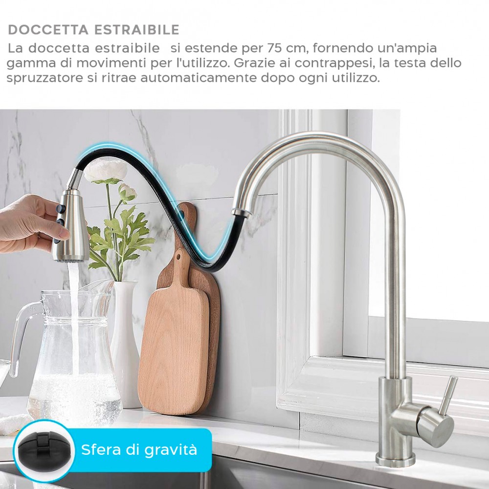 Rubinetto Banff per Lavello in Acciaio Inox con Doccetta Estraibile Monocomando