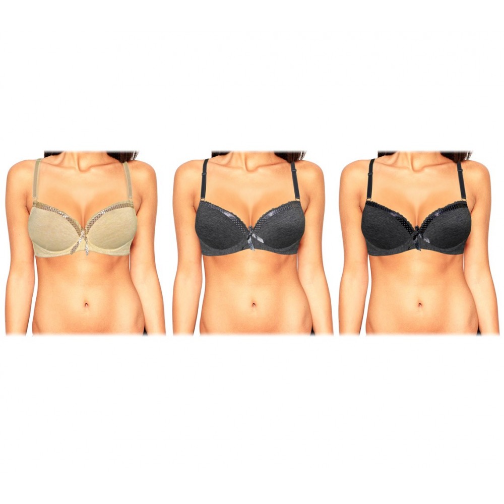 Set 3 reggiseni modello Kalika semi imbottito in 3 colori melange con bretelle regolabili e dettagli a pois