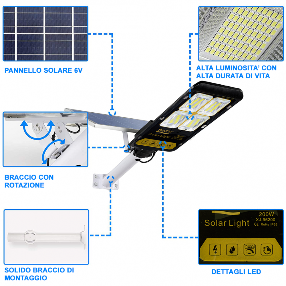 Lampione Stradale Led con Pannello Solare 200W...