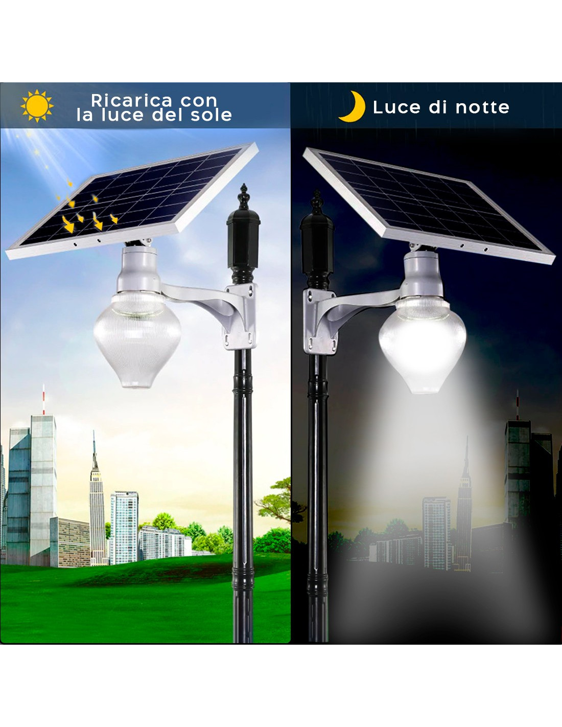Lampada Led Giardino e Cortile con Pannello Solare Lampione IP65 con  Telecomando