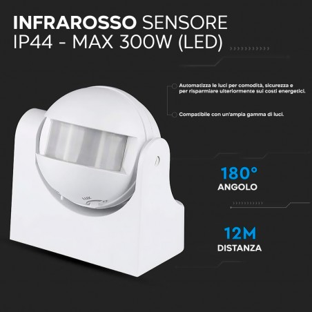 Rilevatore di Movimento Fino a 12mt Infrarossi Crepuscolare Testa Girevole 180°