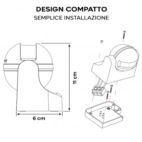 Rilevatore di Movimento Fino a 12mt Infrarossi Crepuscolare Testa Girevole 180°