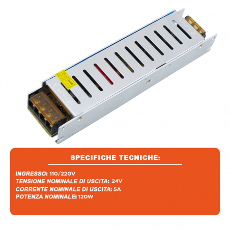 Alimentatore stabilizzato 24V Trasformatore LED Corrente 5A Striscia LED 120W