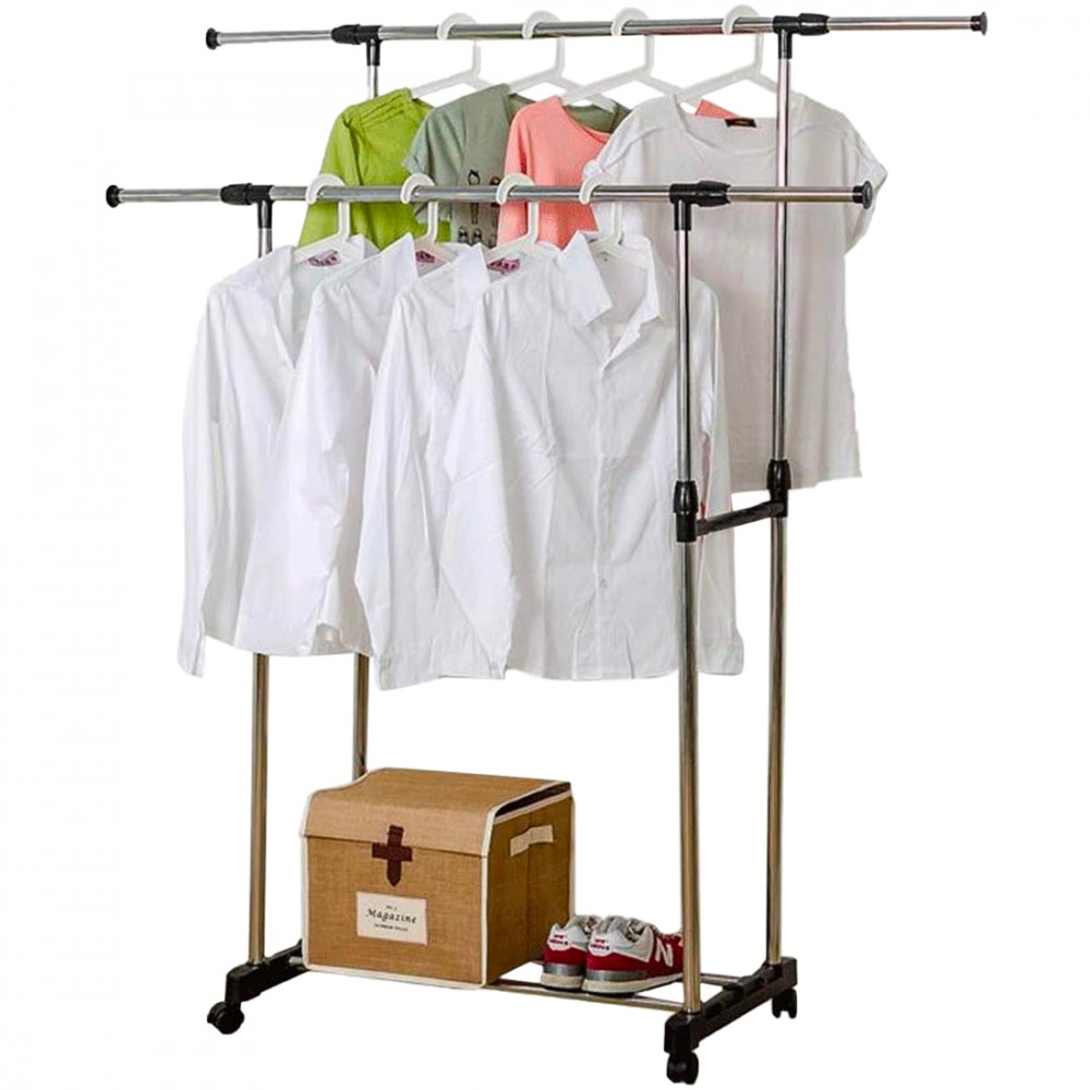 Image of Stand Appendiabiti con Doppia Barra 157932 in Acciaio con Rotelle Regolabile052