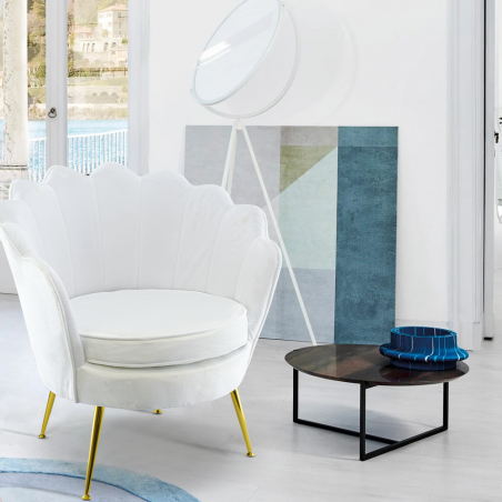 Poltrona Schienale a Conchiglia VENERE in Velluto Vintage Piedi Oro da Salotto