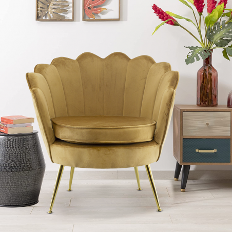 Poltrona Schienale a Conchiglia VENERE in Velluto Vintage Piedi Oro da Salotto
