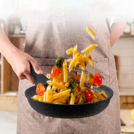 Set Padelle 7pz NERE in pietra vulcanica Antiaderente 24-28-32 cm con Coperchi