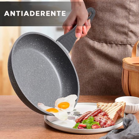 Set Padelle 7pz GRIGIE in pietra vulcanica Antiaderente 24-28-32 cm con Coperchi