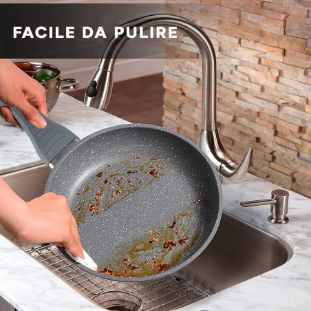 Set Padelle 7pz GRIGIE in pietra vulcanica Antiaderente 24-28-32 cm con Coperchi