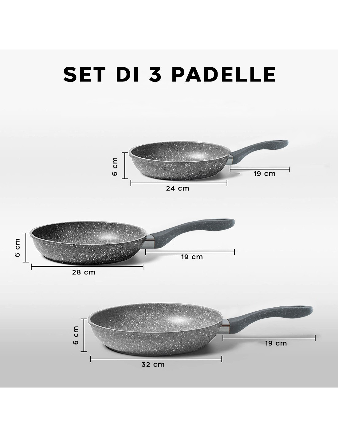 Stoprice - Set 3 Padelle antiaderenti con interno in pietra Marble