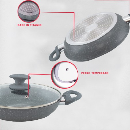 Set Tegami 7pz GRIGIO in pietra vulcanica Antiaderente 24-28-32 cm con Coperchi