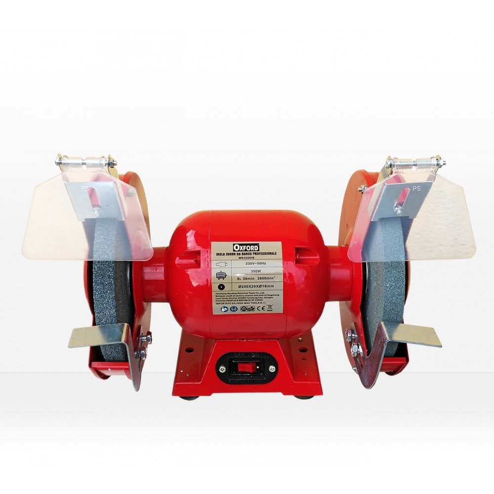 Smerigliatrice da banco mola doppio disco con 2 pietre 300 Watt 200 mm con schermo protettivo 