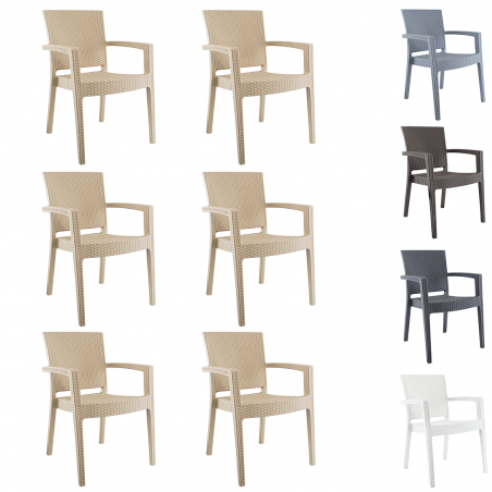 Set 6 Sedie NARCISO in Resina Effetto Rattan da Esterno Braccioli Impilabile