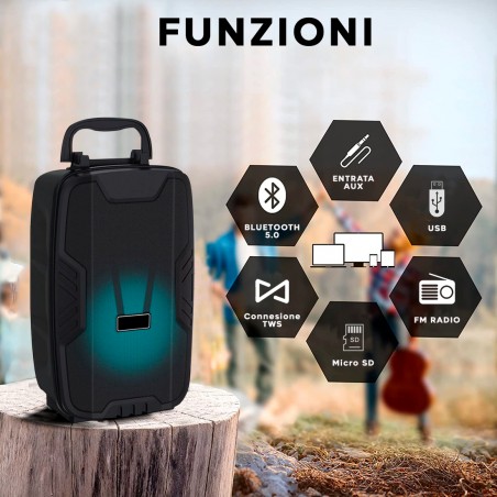 Cassa Bluetooth Amplificata Radio FM Portatile Batteria Ricaricabile e Microfono