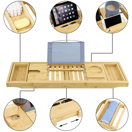 Vassoio Vasca da Bagno Estensibile in Bambù Portaoggetti Mensola con Supporto