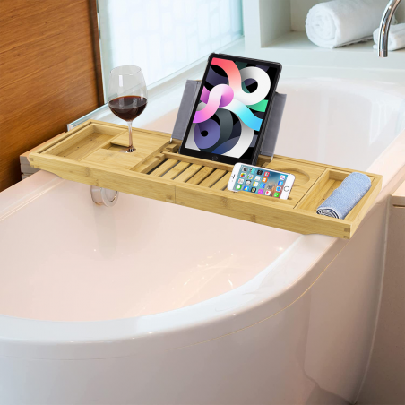 Vassoio Vasca da Bagno Estensibile in Bambù Portaoggetti Mensola con Supporto