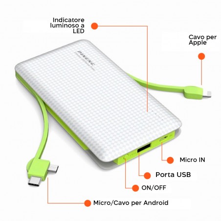 Power Bank Sottile 10000 mAh Caricabatterie Portatile Slim 3 Uscite Cavi Inclusi