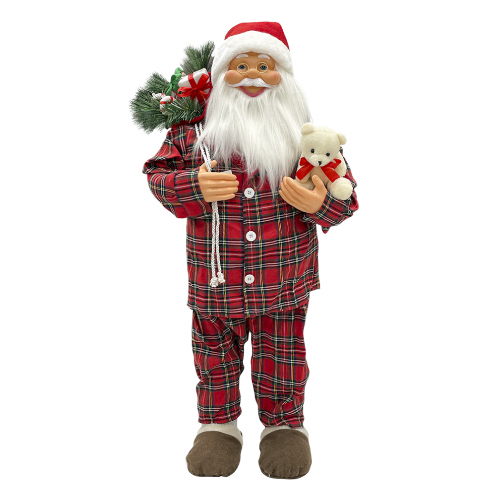 Babbo Natale 90H cm con Pigiama Rosso Scozzese 144252 con Mini Lucciole e Suoni