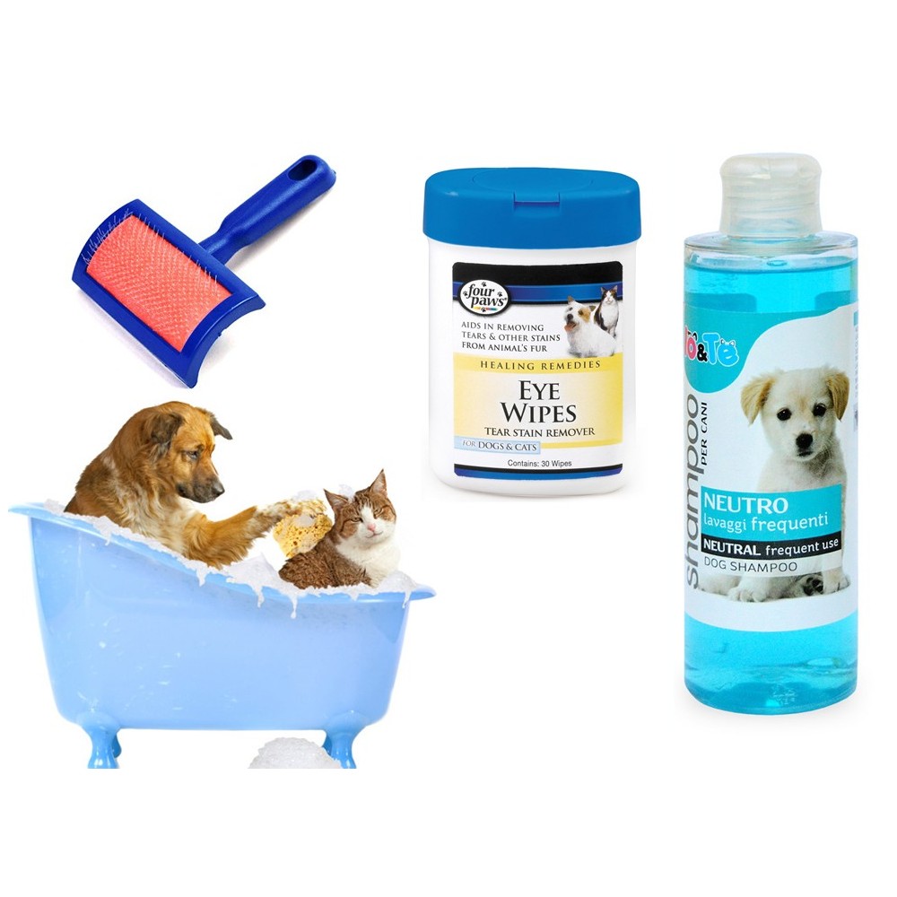 Kit pulizia completa cani shampoo salviettine e spazzola cardatore varie tipologie