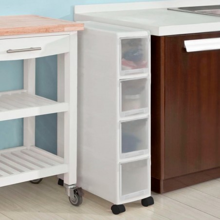 Carrello Stretto con 4 Cassetti Multiuso Scaffale Salvaspazio Bianco con Ruote