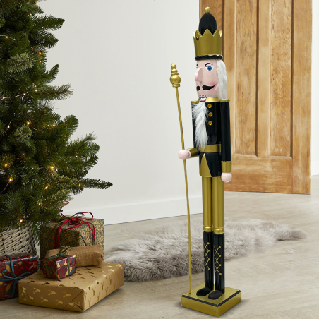 Soldatino Schiaccianoci 90H cm 433013 Decorazione di Natale Nero Oro con Scettro