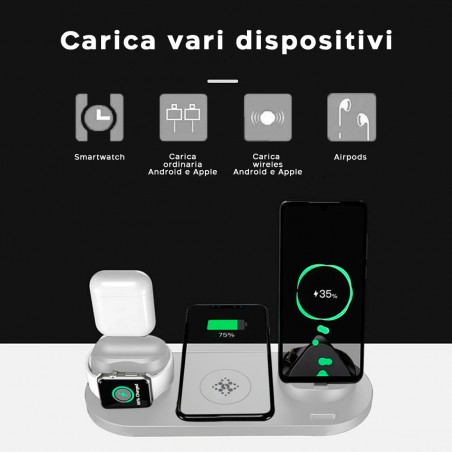 Caricatore Wireless Charger Stazione di Ricarica 6 in 1 per Smartphone