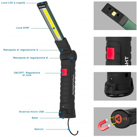 Mini Torcia Ricaricabile LED COB 400529 Magnetica Snodata Luce Emergenza Lavoro