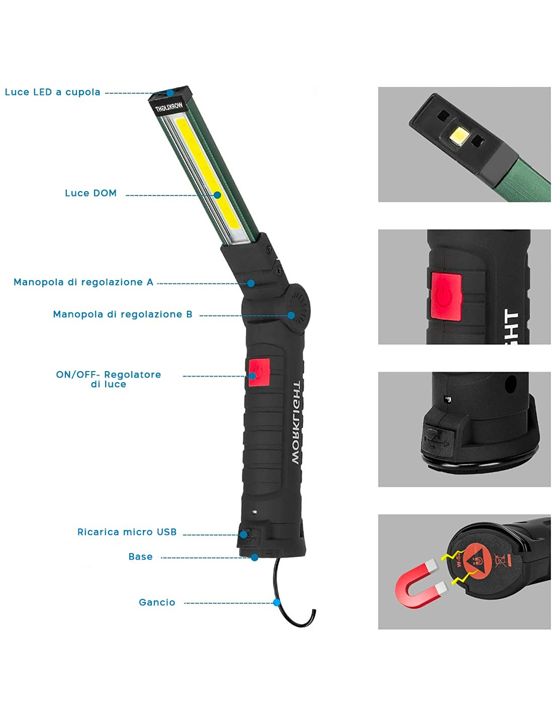 Mini Torcia Ricaricabile LED COB 400529 Magnetica Snodata Luce Emergenza  Lavoro