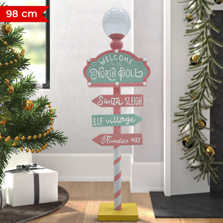 Cartello Indicazioni Babbo Natale 436016 Addobbi Candy Christmas Rosa con Luci