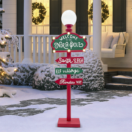 Cartello Indicazioni Babbo Natale 436015 Addobbi Natalizi Rosso e Verde con Luci