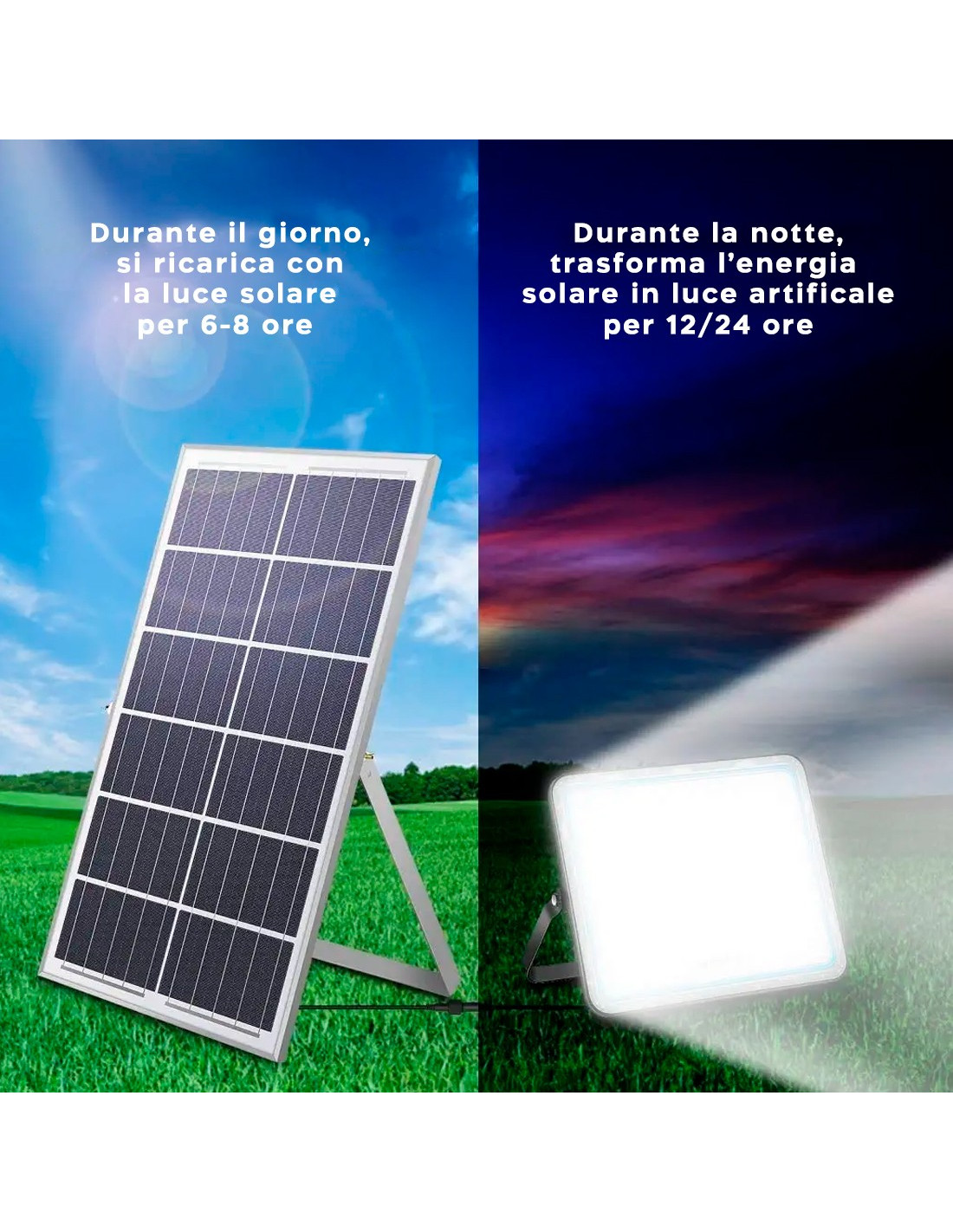 2 Fari LED Solari 400W Con Pannello Separato, 270 LED, Luce Fredda/calda/naturale, Sensore Crepuscolare, IP68, Per Esterno Giardino