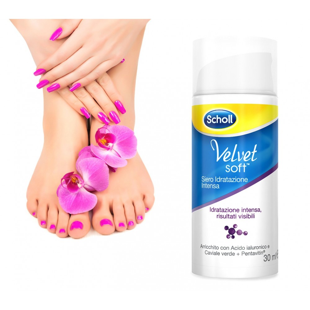 Dr. Scholl Velvet soft siero idratazione intensa benessere per i piedi con acido ialuronico e caviale verde confezione da 30ml