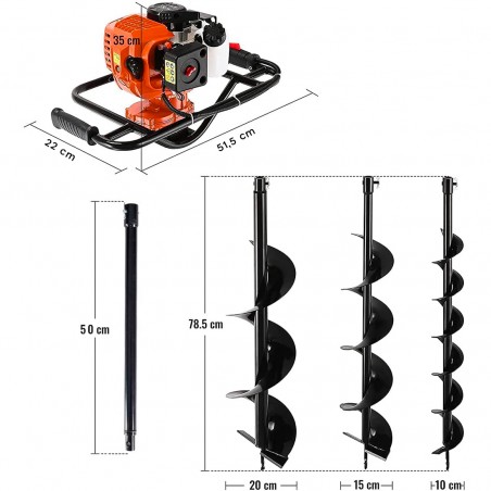 Trivella a Scoppio Motore 2 Tempi 84979 52cc a Miscela Prolunga 50cm e 3 punte