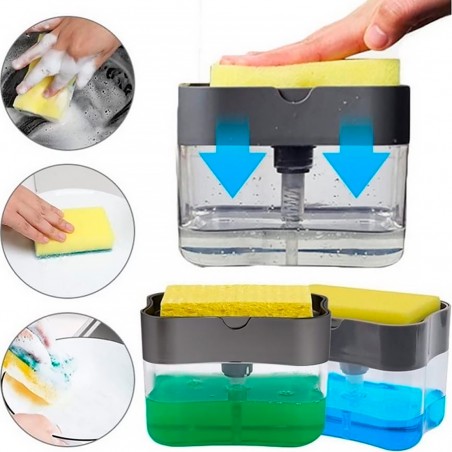 Dispenser Sapone per Cucina con Spugna 2in1 Pompa Erogatore Detersivo per Piatti