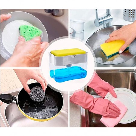 Dispenser Sapone per Cucina con Spugna 2in1 Pompa Erogatore Detersivo per Piatti