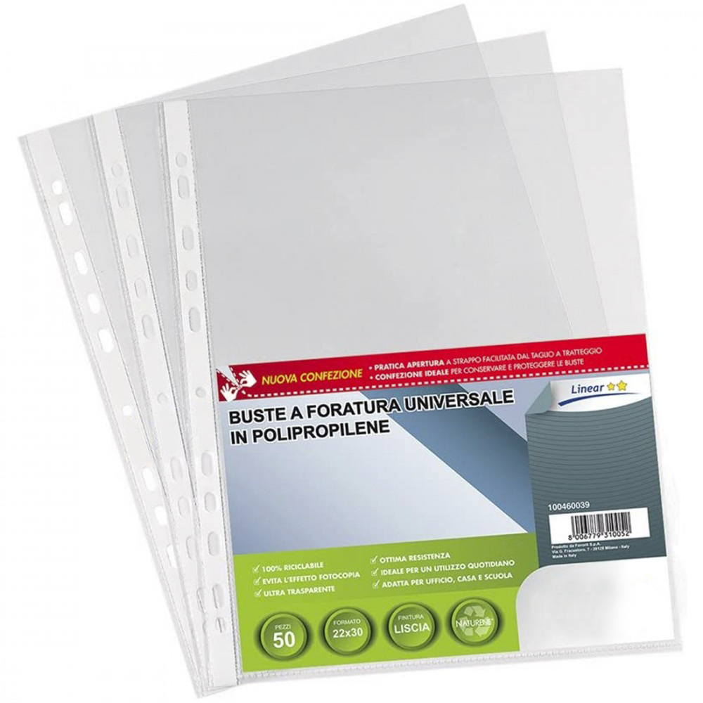 Pack 50 pezzi buste perforate trasparenti lucide a foratura universale 22x30cm